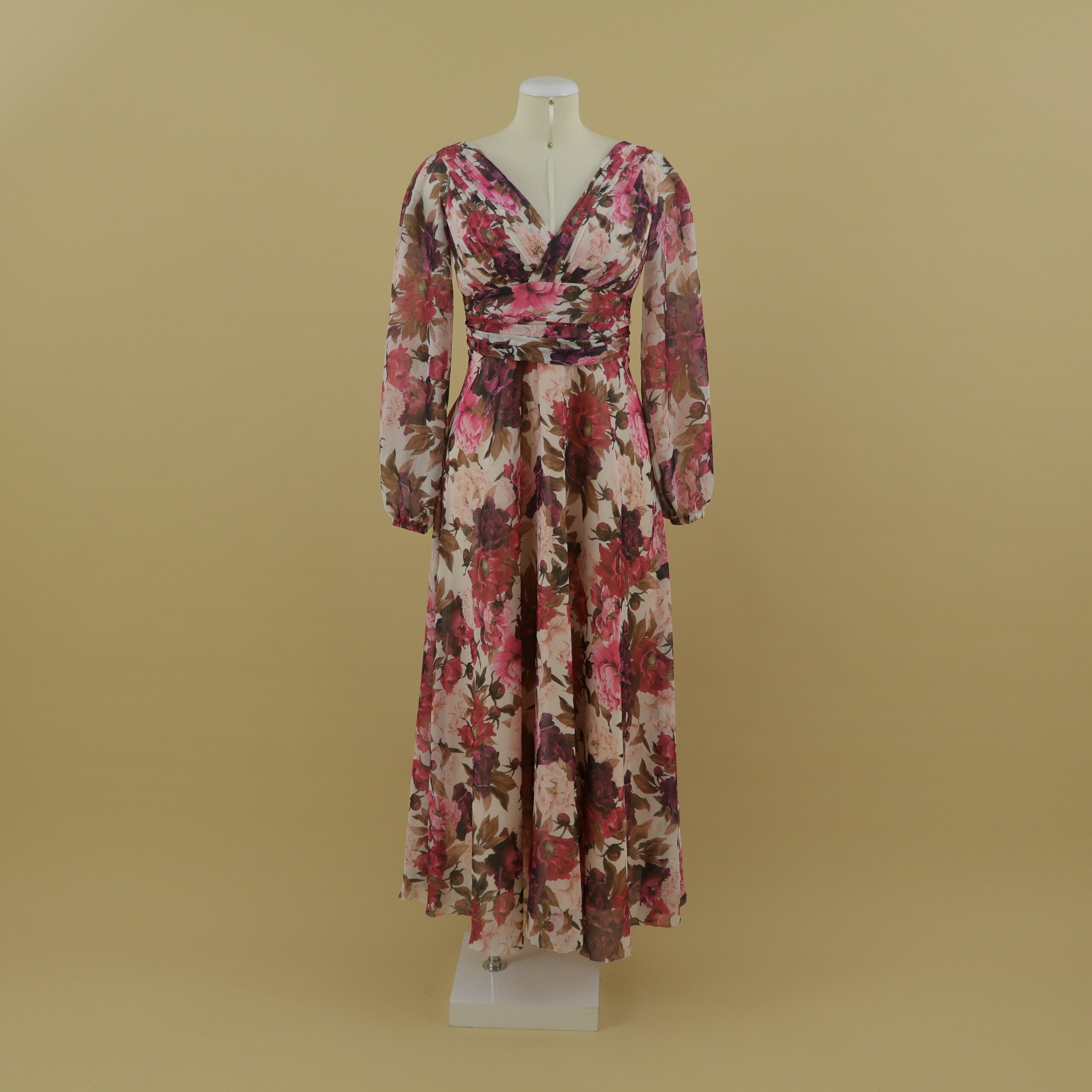 Vestido con escote en v drapeado mangas largas color azul fucsia floreado - Abbie