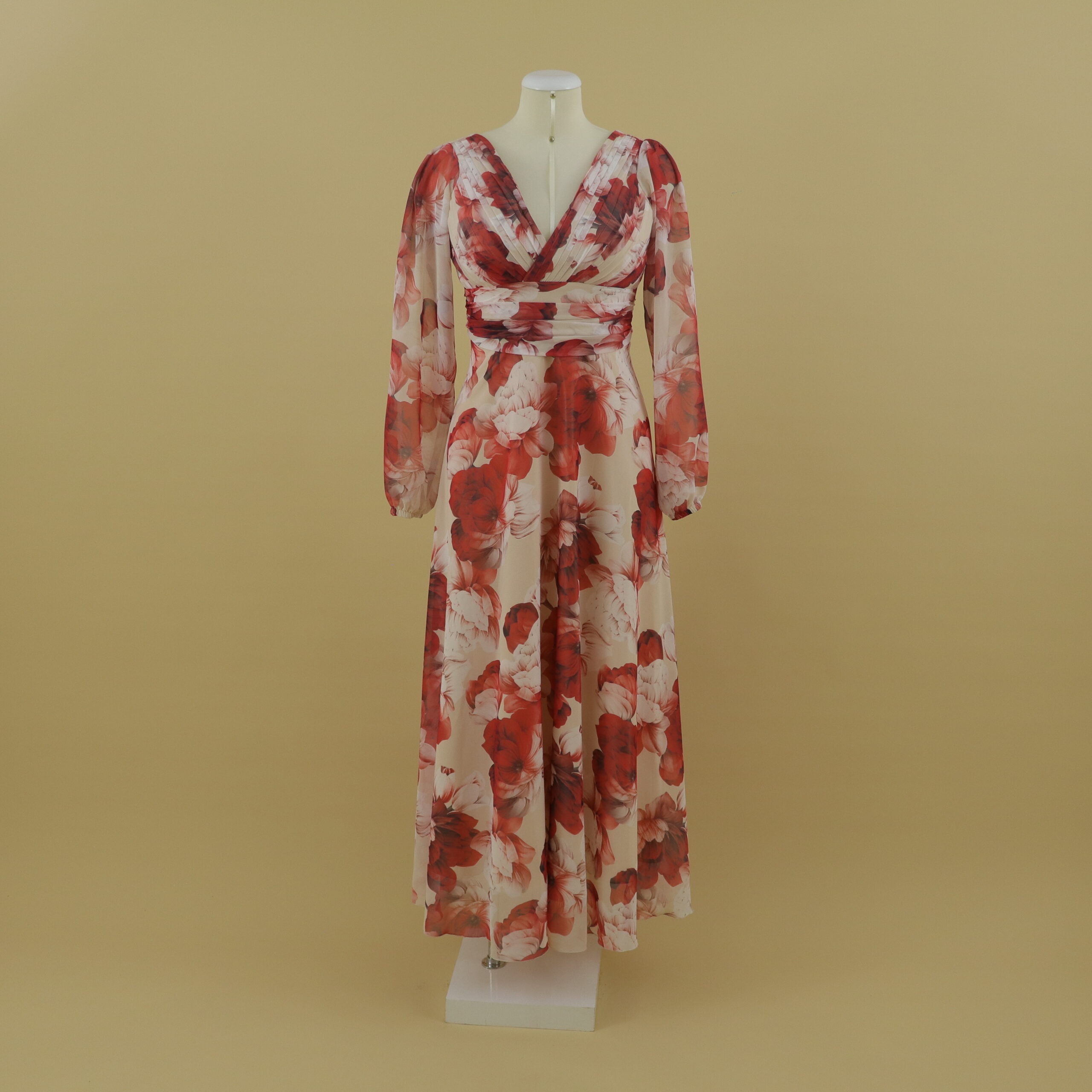 Vestido con escote en v drapeado mangas largas color rojo floreado - Abbie