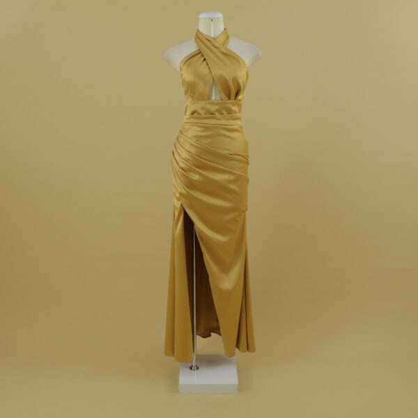 Vestido tela razo español estilo reloj de arena color dorado - Lara