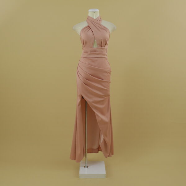 Vestido tela razo español estilo reloj de arena color nude rosa - Lara