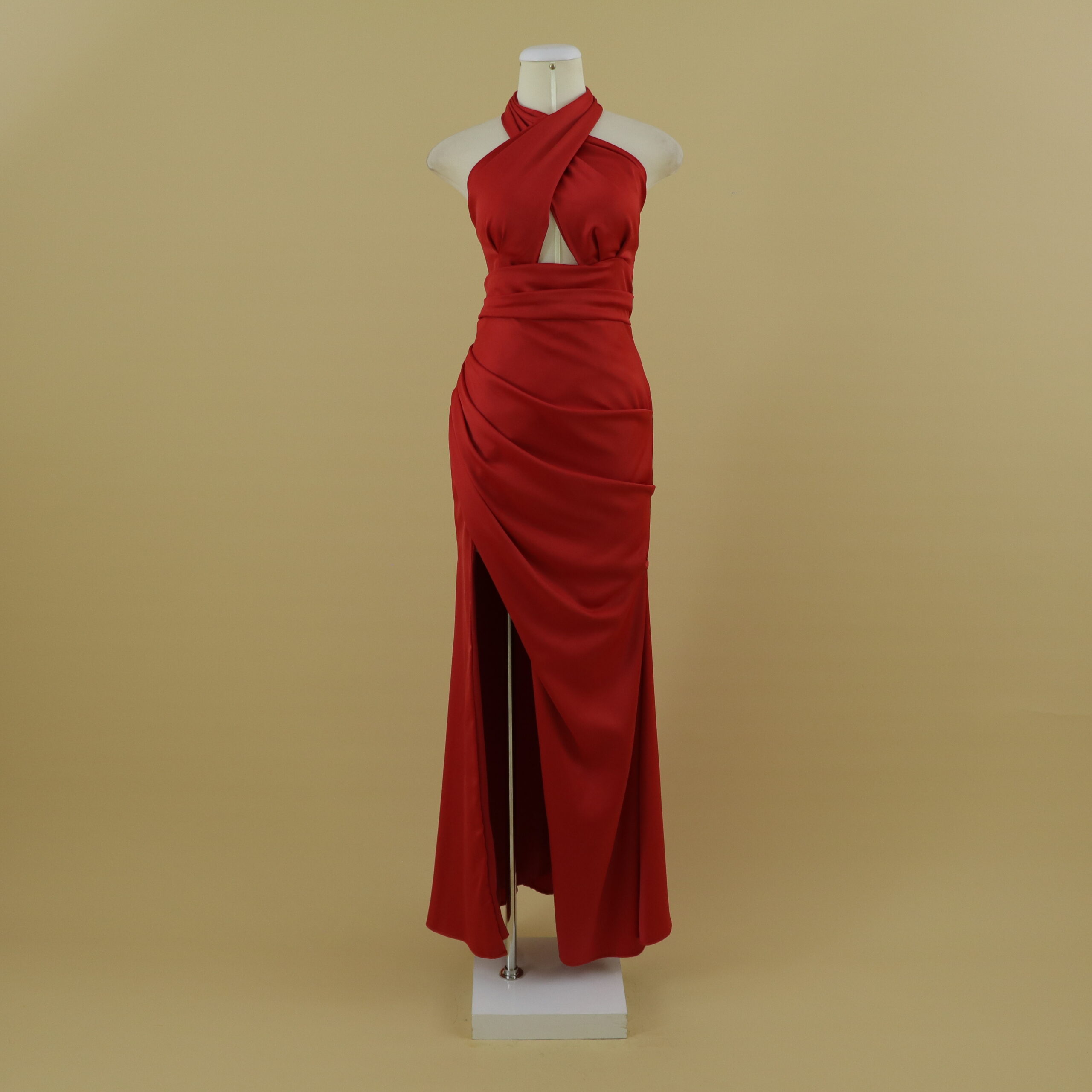 Vestido tela razo español estilo reloj de arena color rojo - Lara