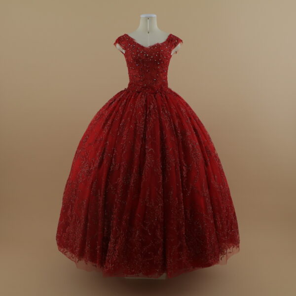 vestido quince años rojo tela razo falda grande ed 4 capas - Elara