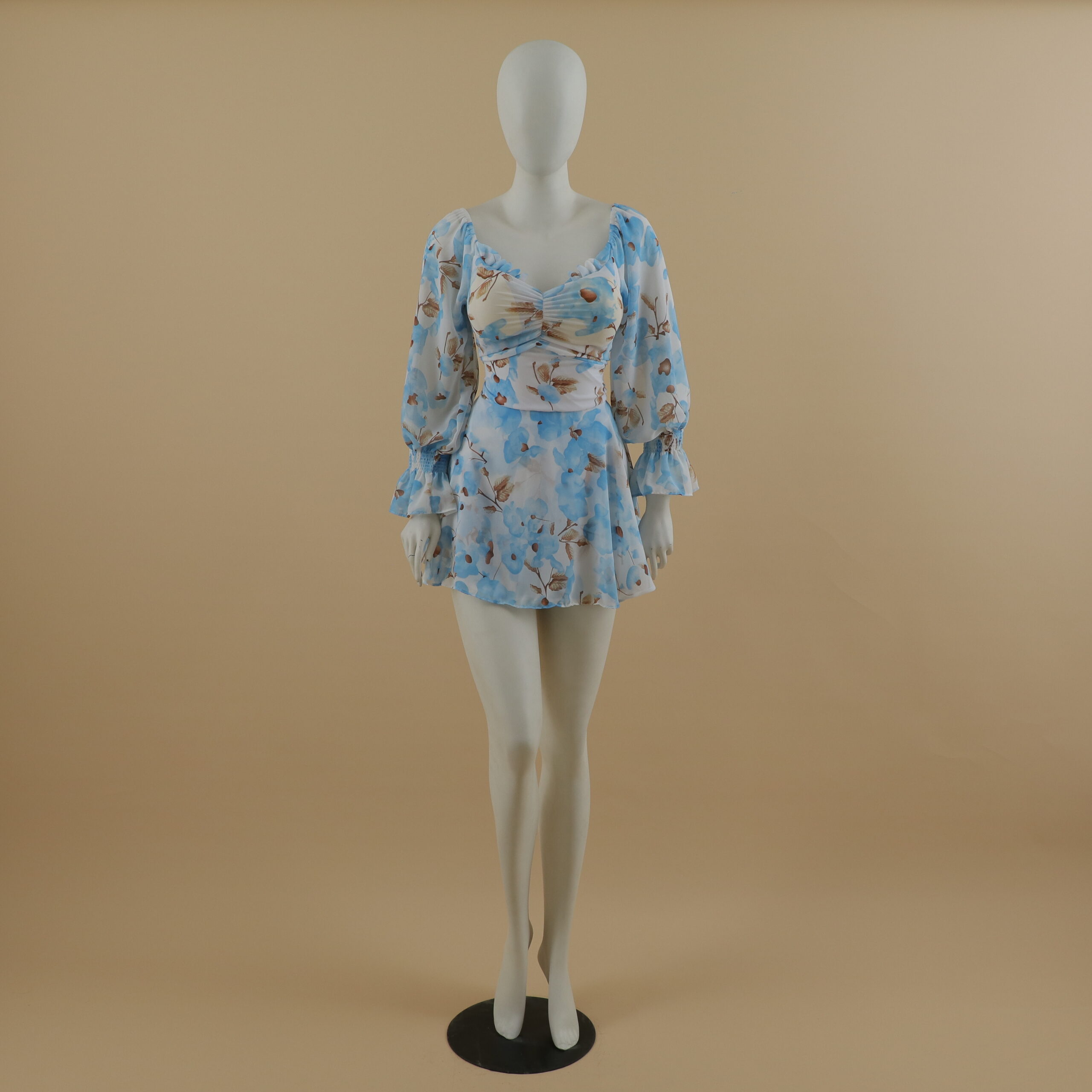vestido tela gasa estampada escote cuadrado mangas largas color celeste floreado - Monserrat vestido tela gasa estampada escote cuadrado mangas largas color celeste floreado - Monserrat