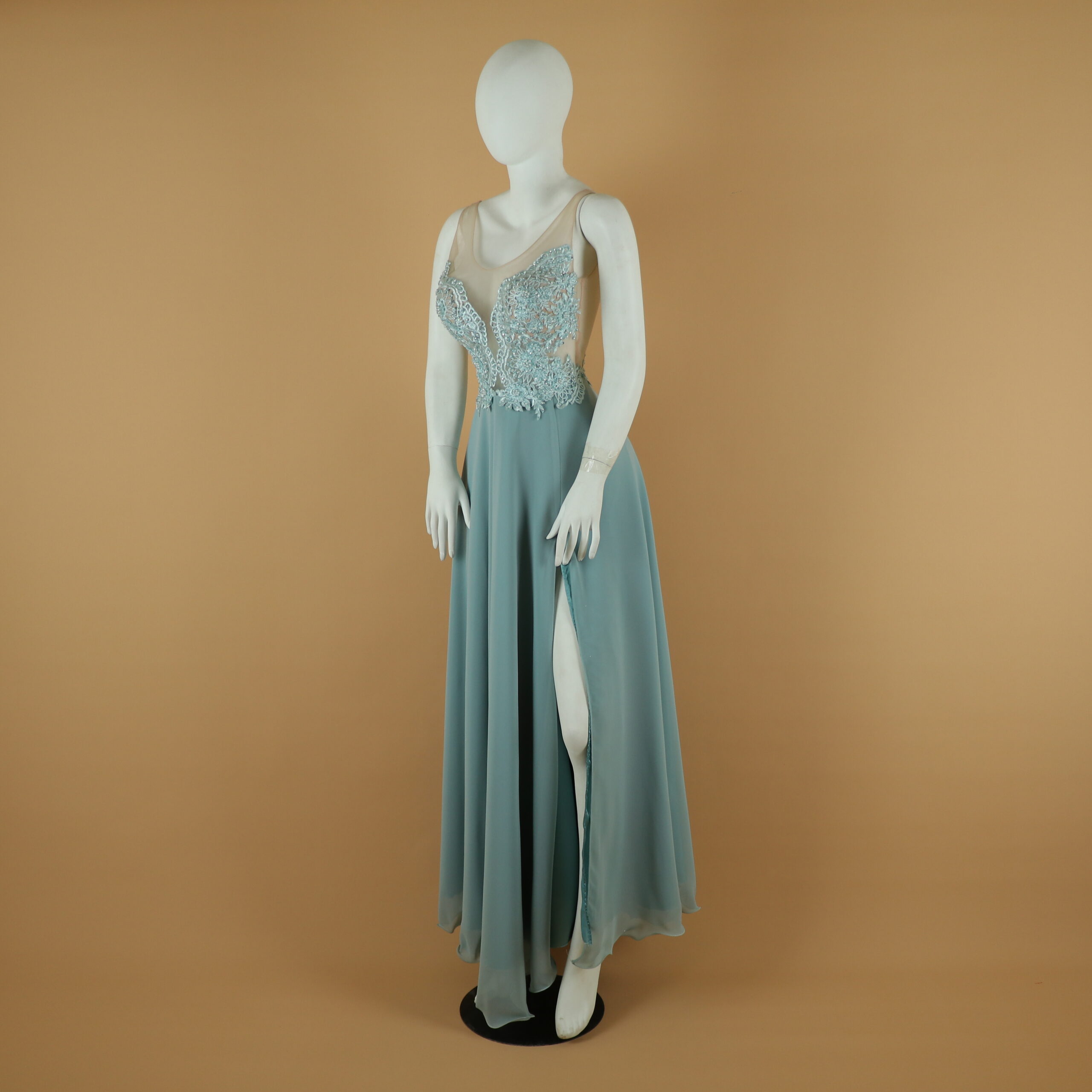 vestido tela encajes escote redondo con abertura desde el muslo color verde cemento - Aina