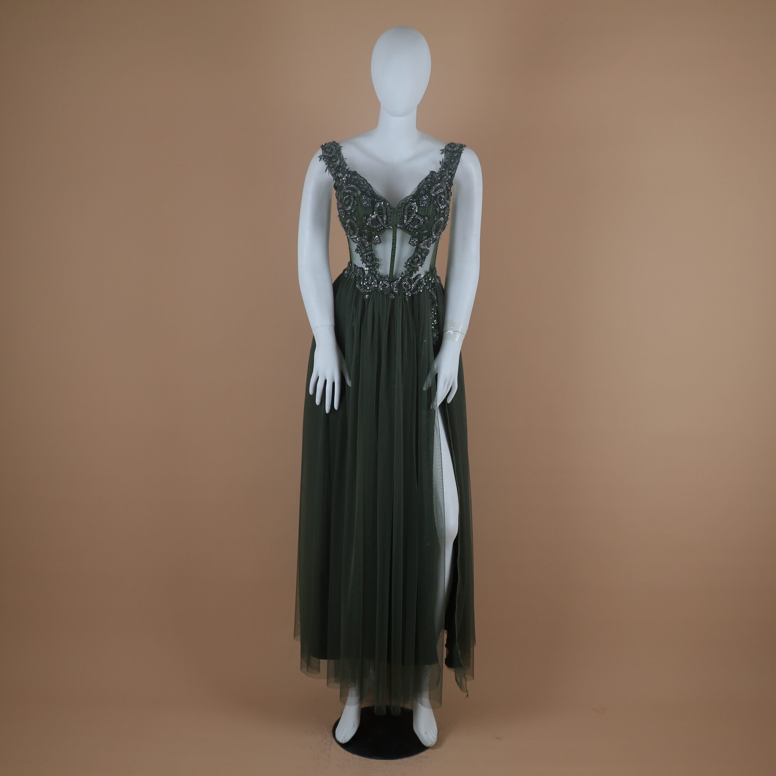 vestido tela gasa vestido tipo short con abertura desde el muslo color verde olivo - Anaís