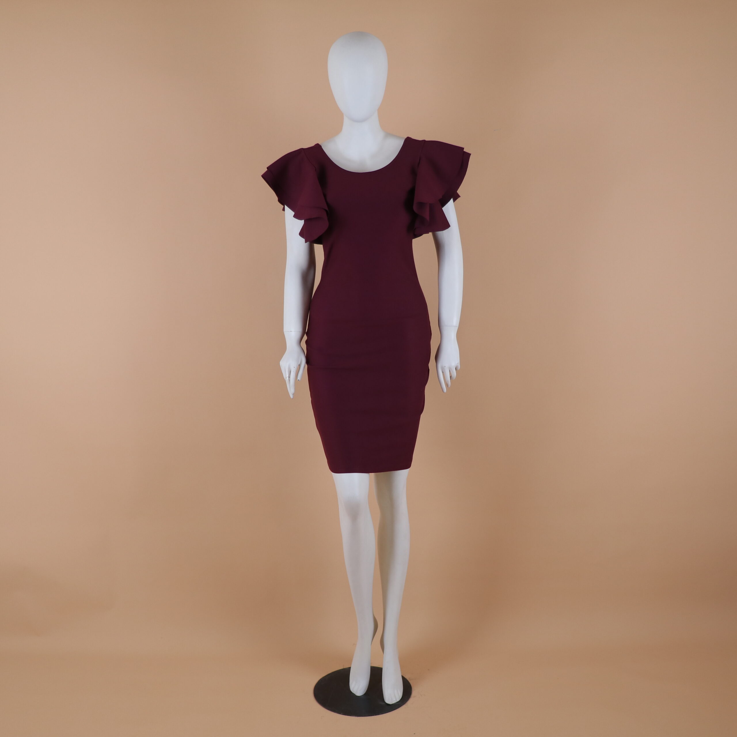 Vestido tela lona mangas campana color guinda - Stephanie