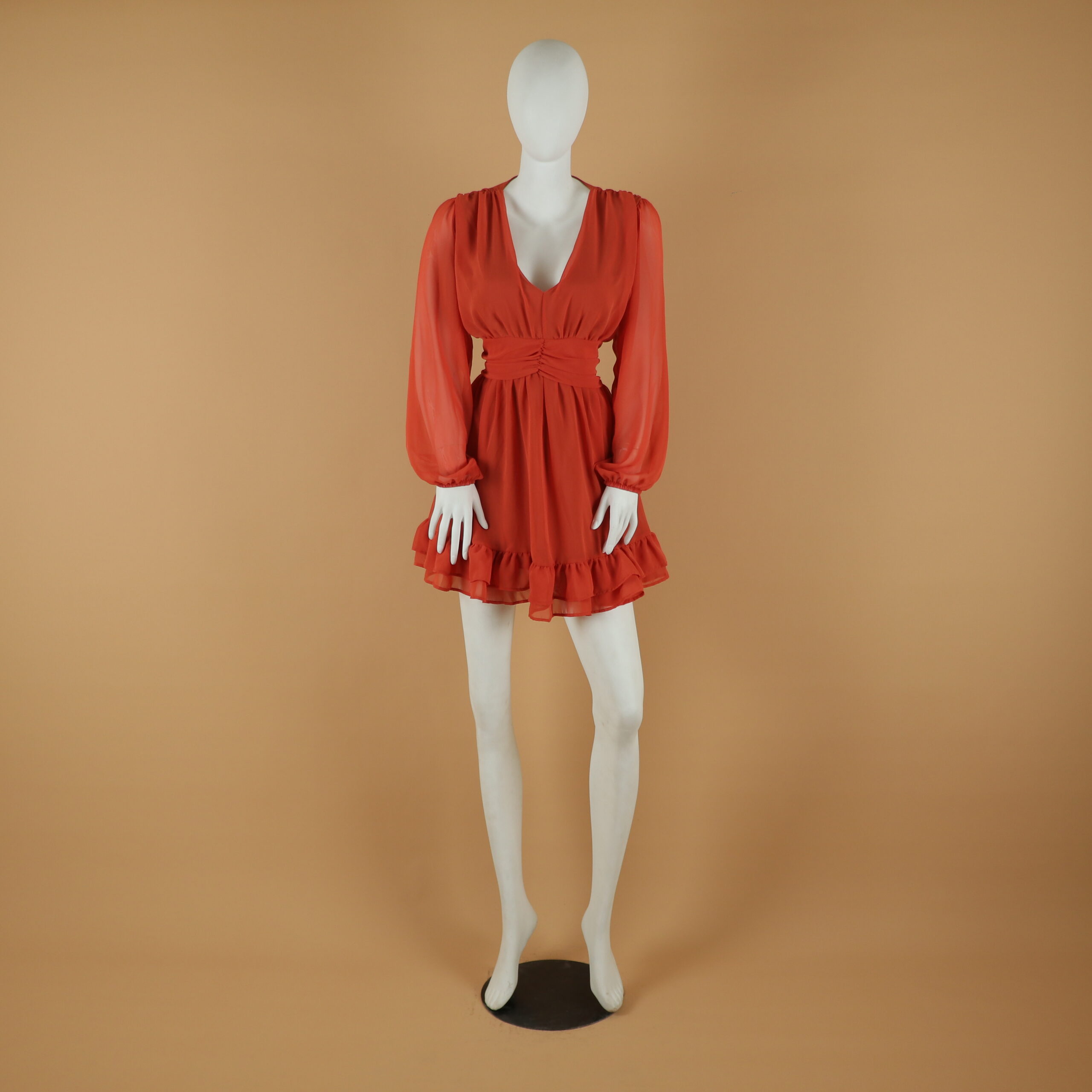 vestido corto tela gasa caida doble campana color terracota - Anna vestido corto tela gasa caida doble campana color terracota - Anna