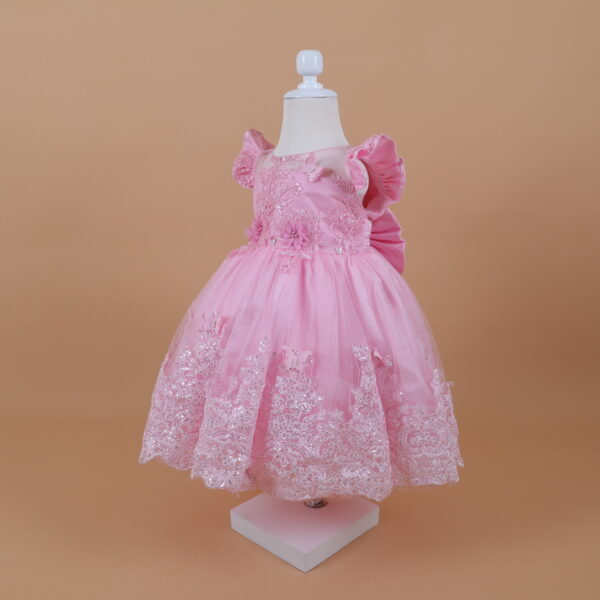 vestido para niñas tela tul fantasia encajes y manga rizada color rosado - Brianita