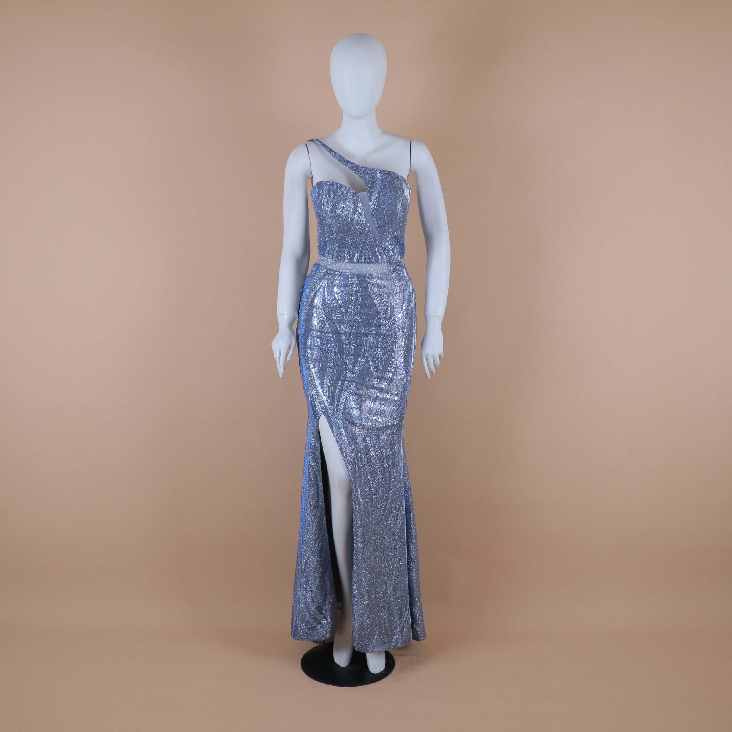 vestido tela importada tornasol con corte sirena color azul acero - Denisse