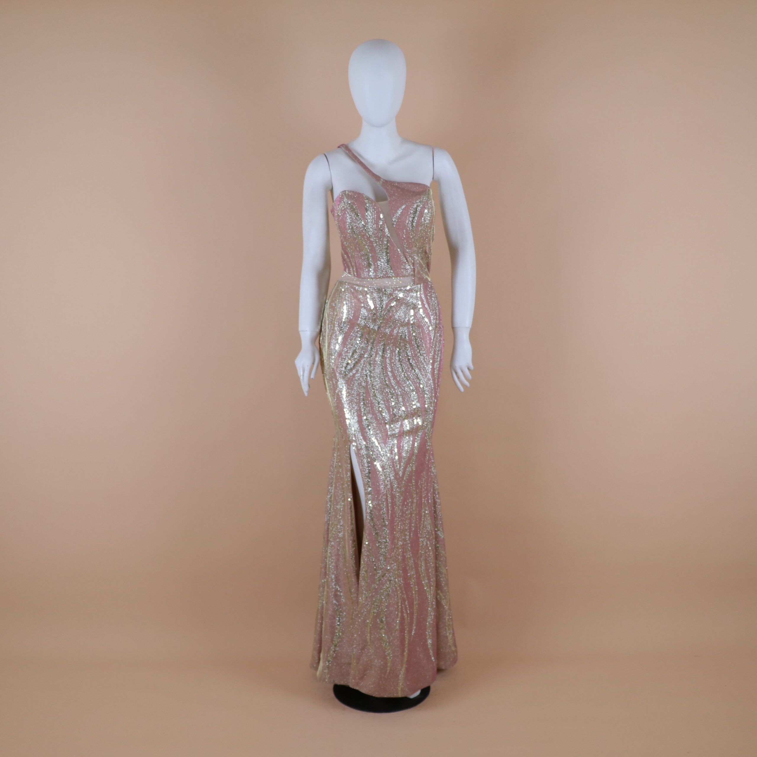 vestido tela importada tornasol con corte sirena color dorado - Denisse