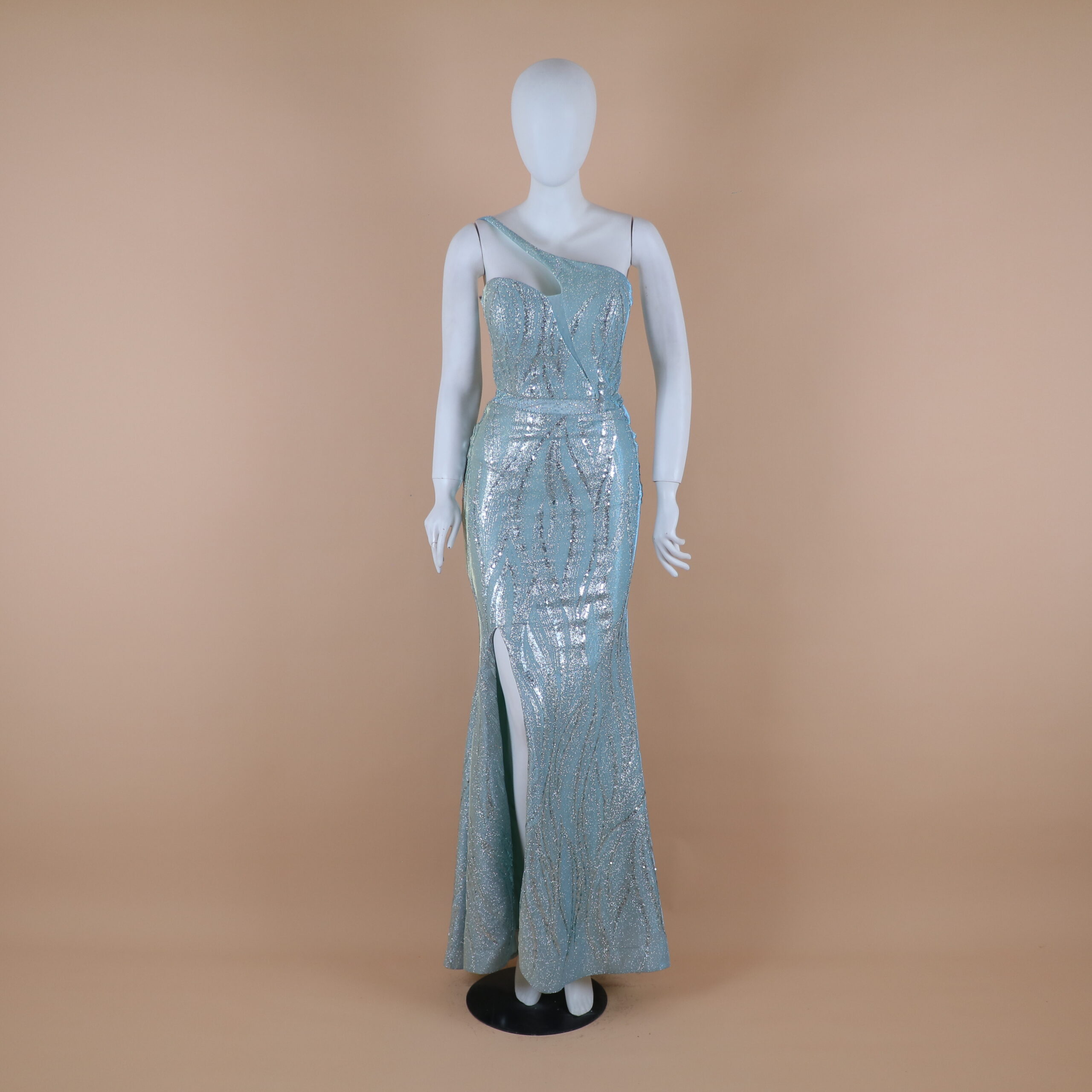 vestido tela importada tornasol con corte sirena color verde cemento - Denisse