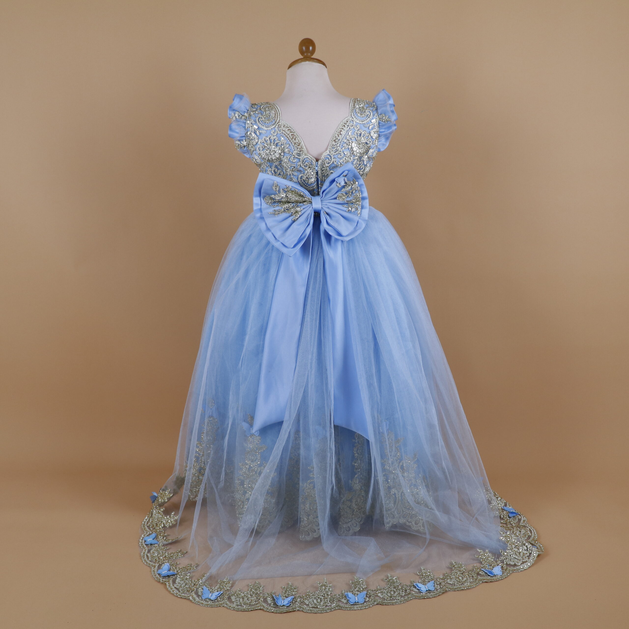 Vestido niñas tela tul ilusion con cierre y moño coquette color celeste - Valentina