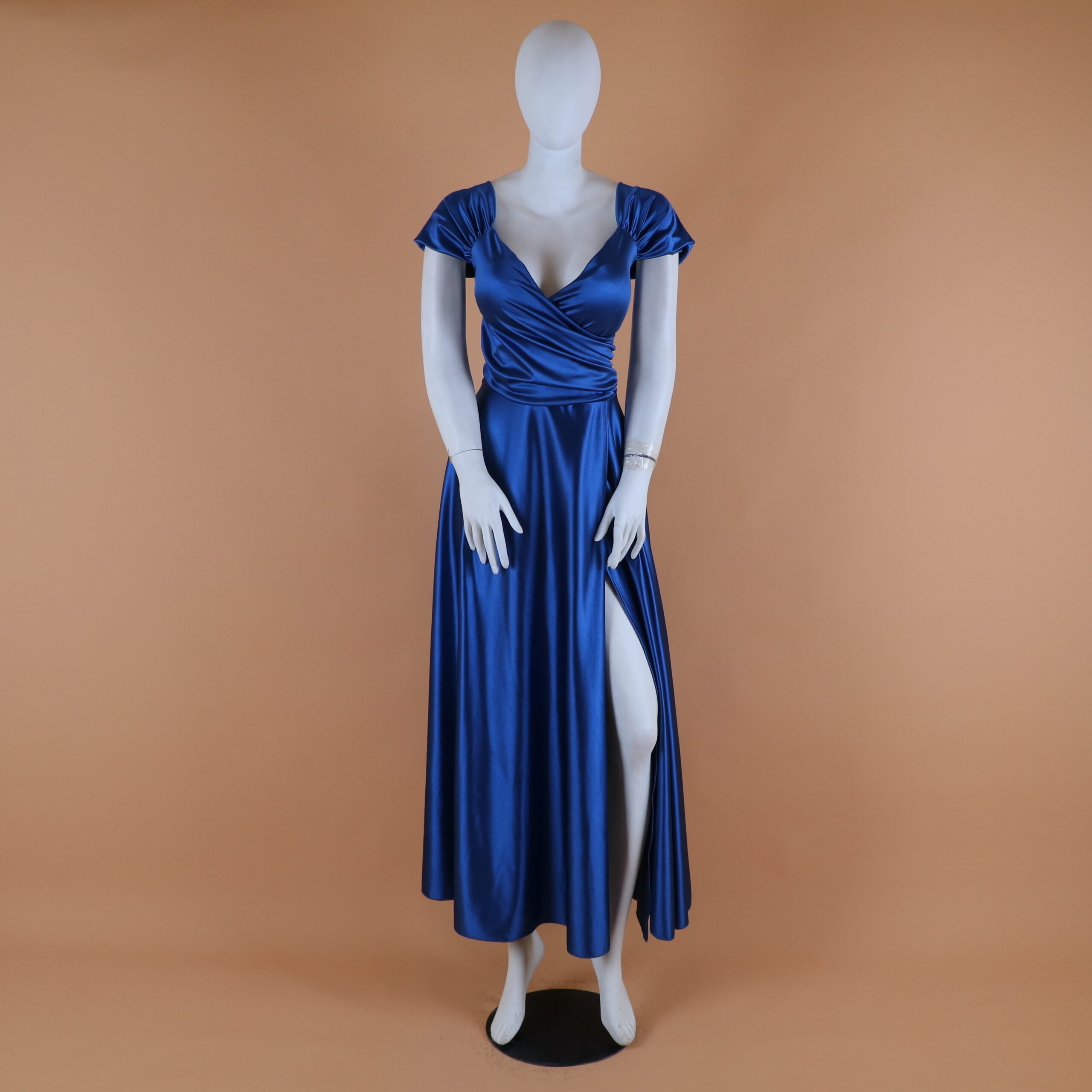 Vestido tela saten con cierre y corset color azul acero - Catalina