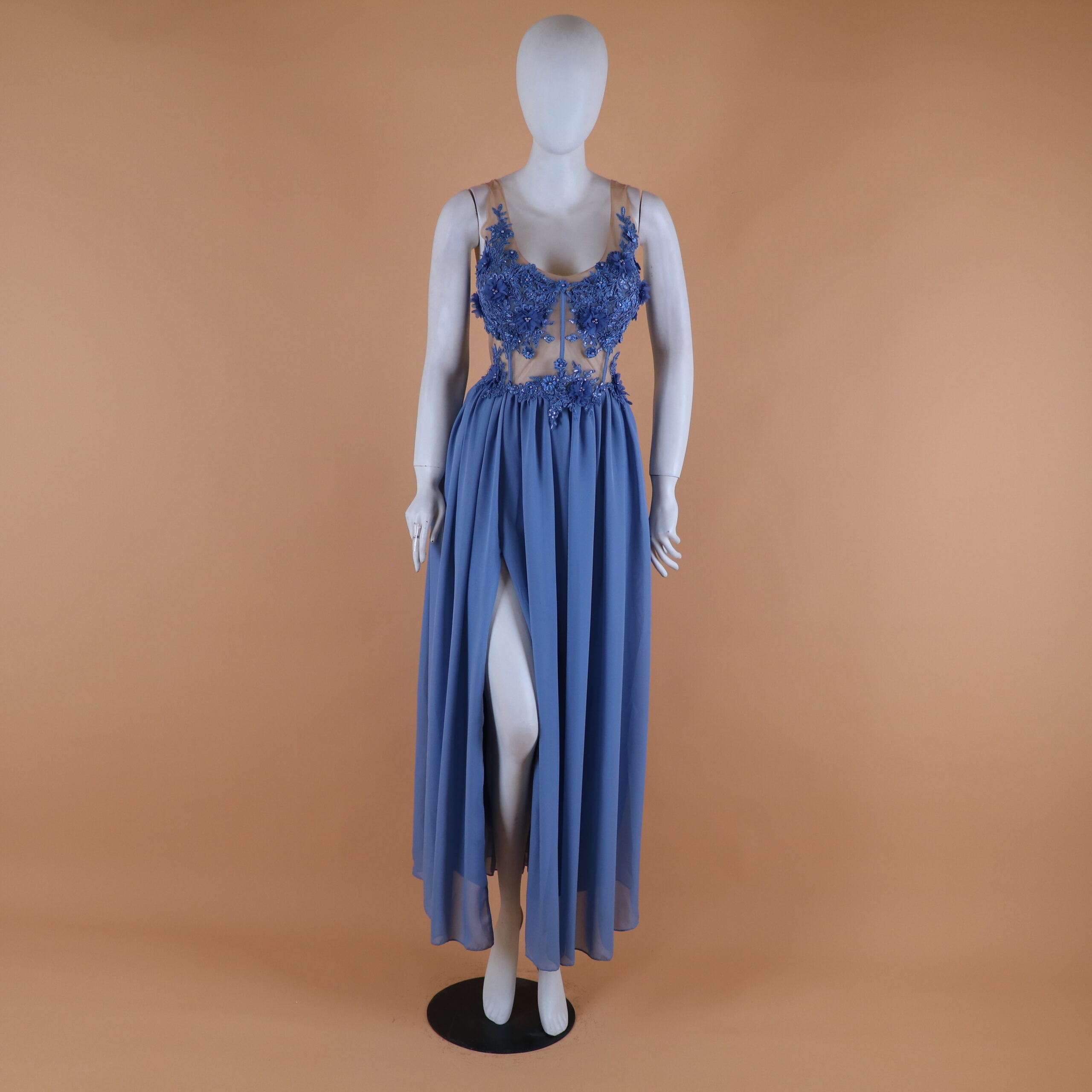 vestido tela gasa caida recta en pliegues color azul acero - Arlene