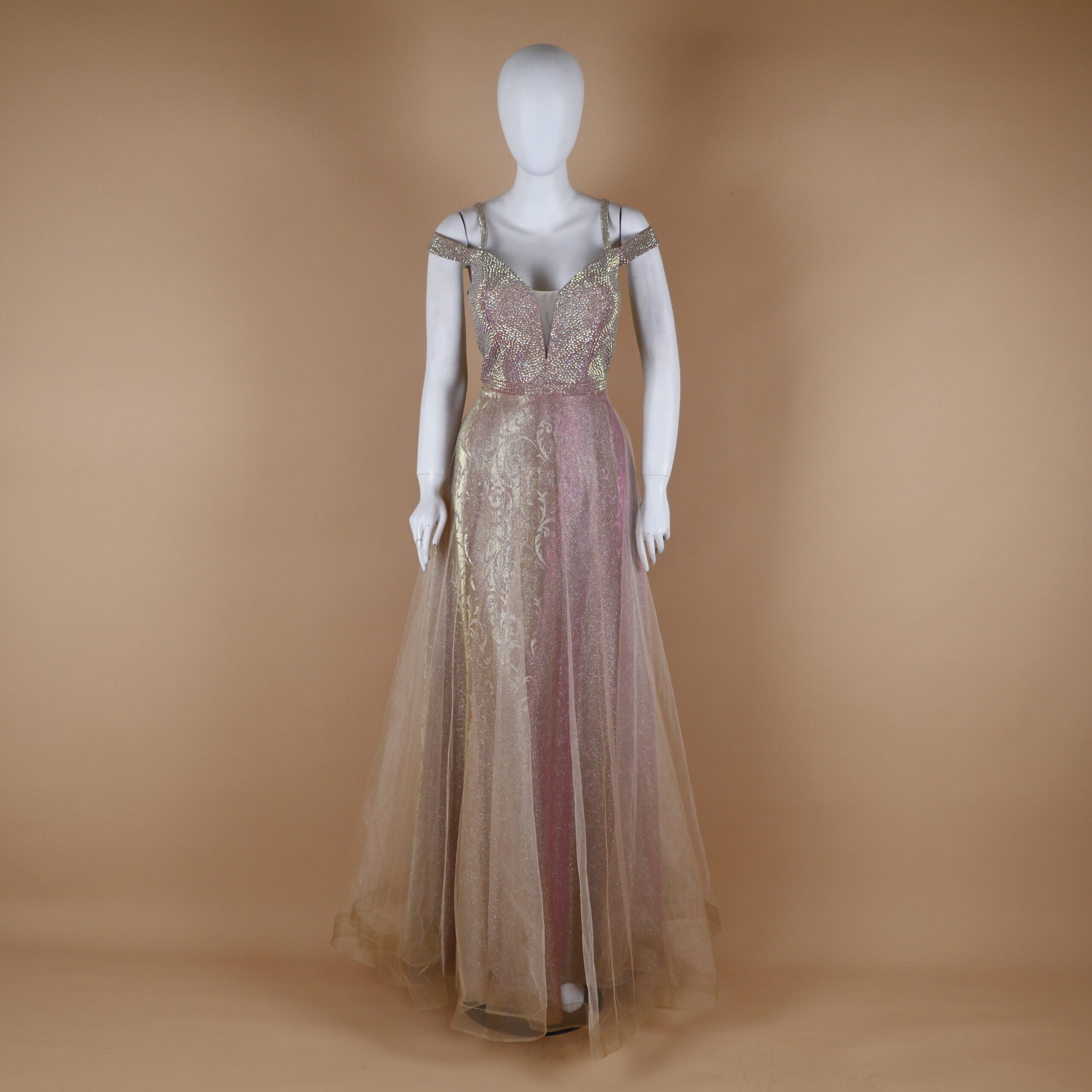 vestido tela tornasol corte estilo princesa color dorado - Ariela