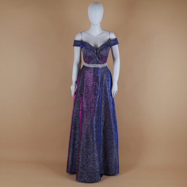 vestido tela tornasolada escote en v color azul noche - Yesenia