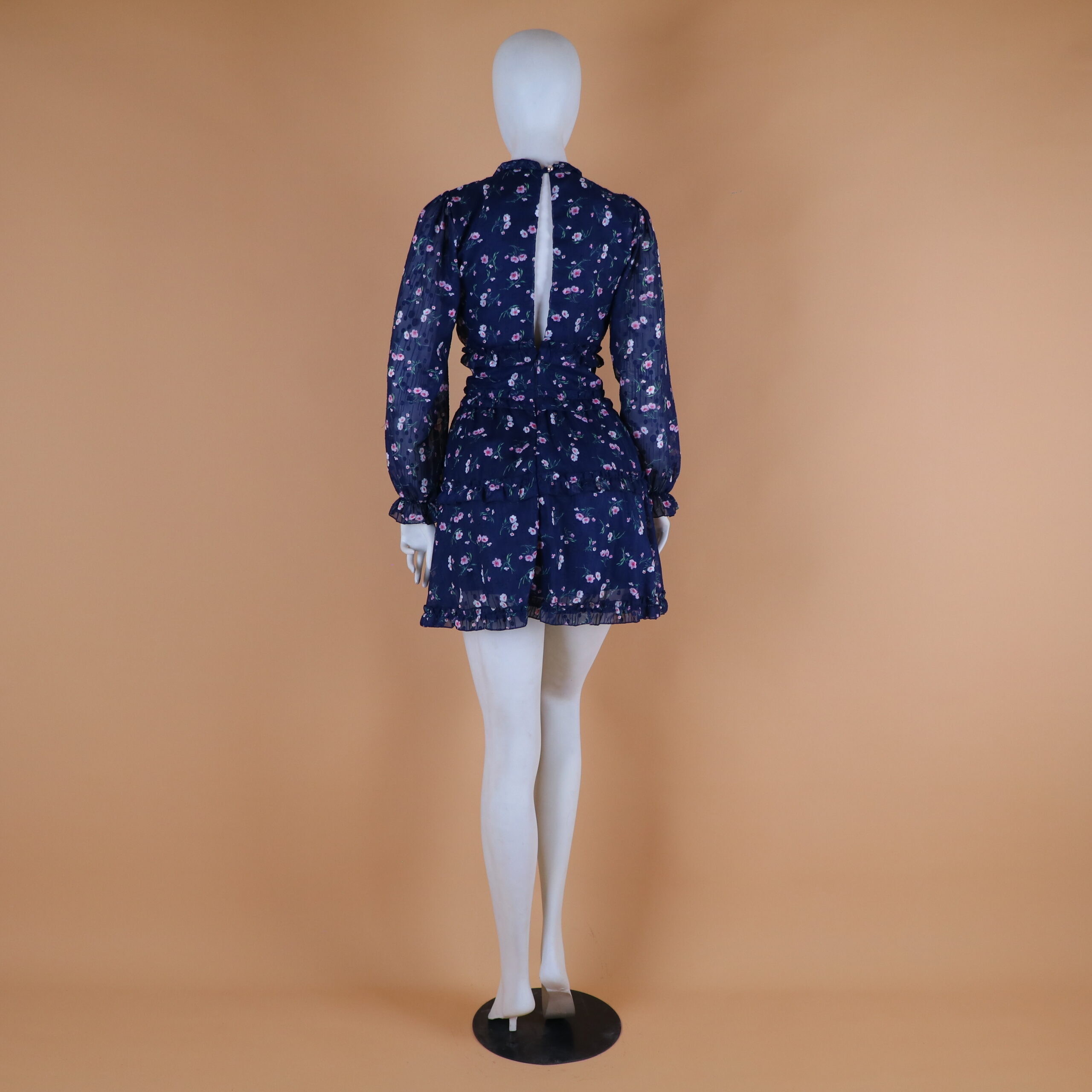 Vestido tela gasa estampada con abertura posterior y cierre color azul noche - Giuliana