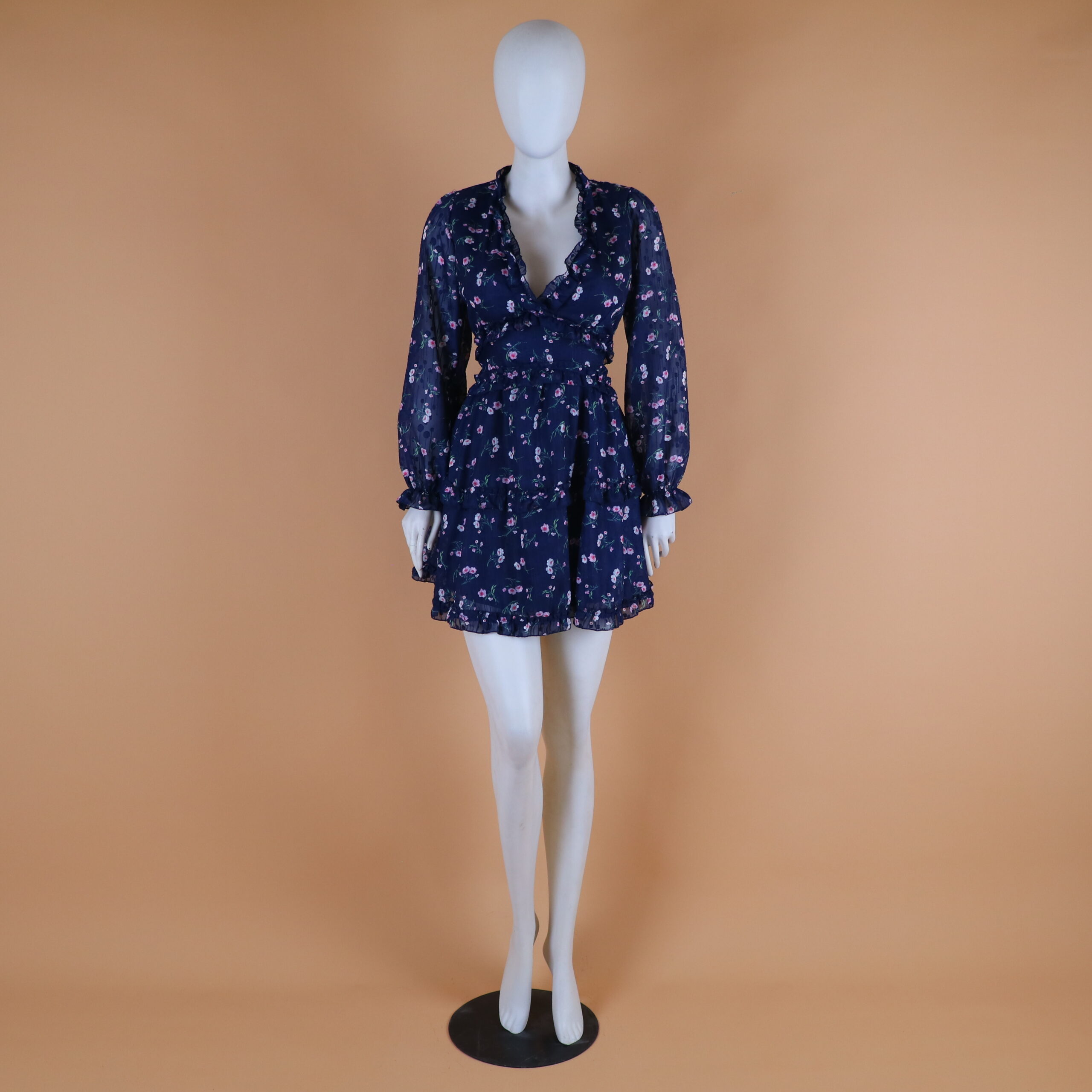 Vestido tela gasa estampada conrte en A color azul noche - Giuliana