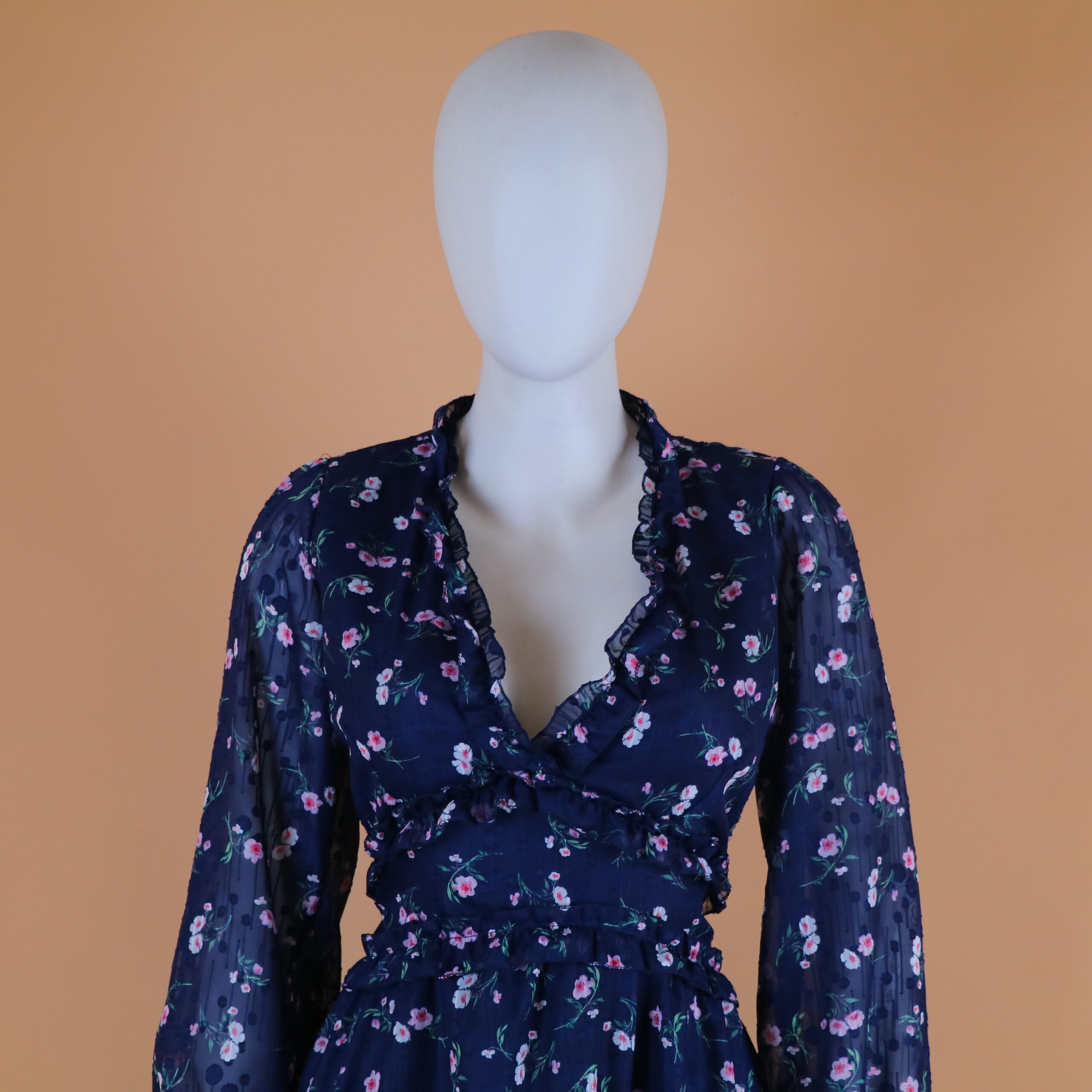 Vestido tela gasa estampada escote en v color azul noche - Giuliana