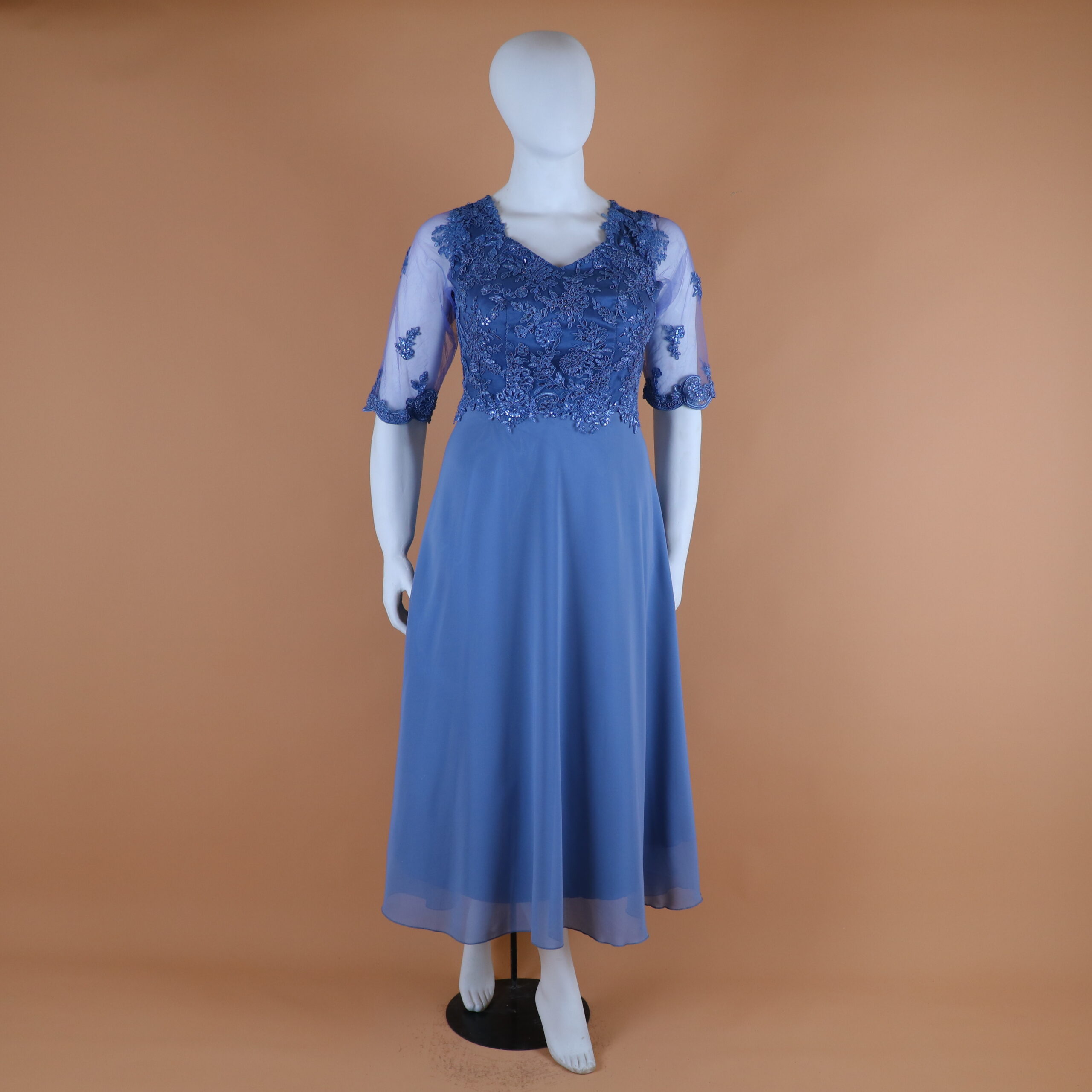 vestido tela gasa encaje mangas 3-4 color azul acero - Berenice