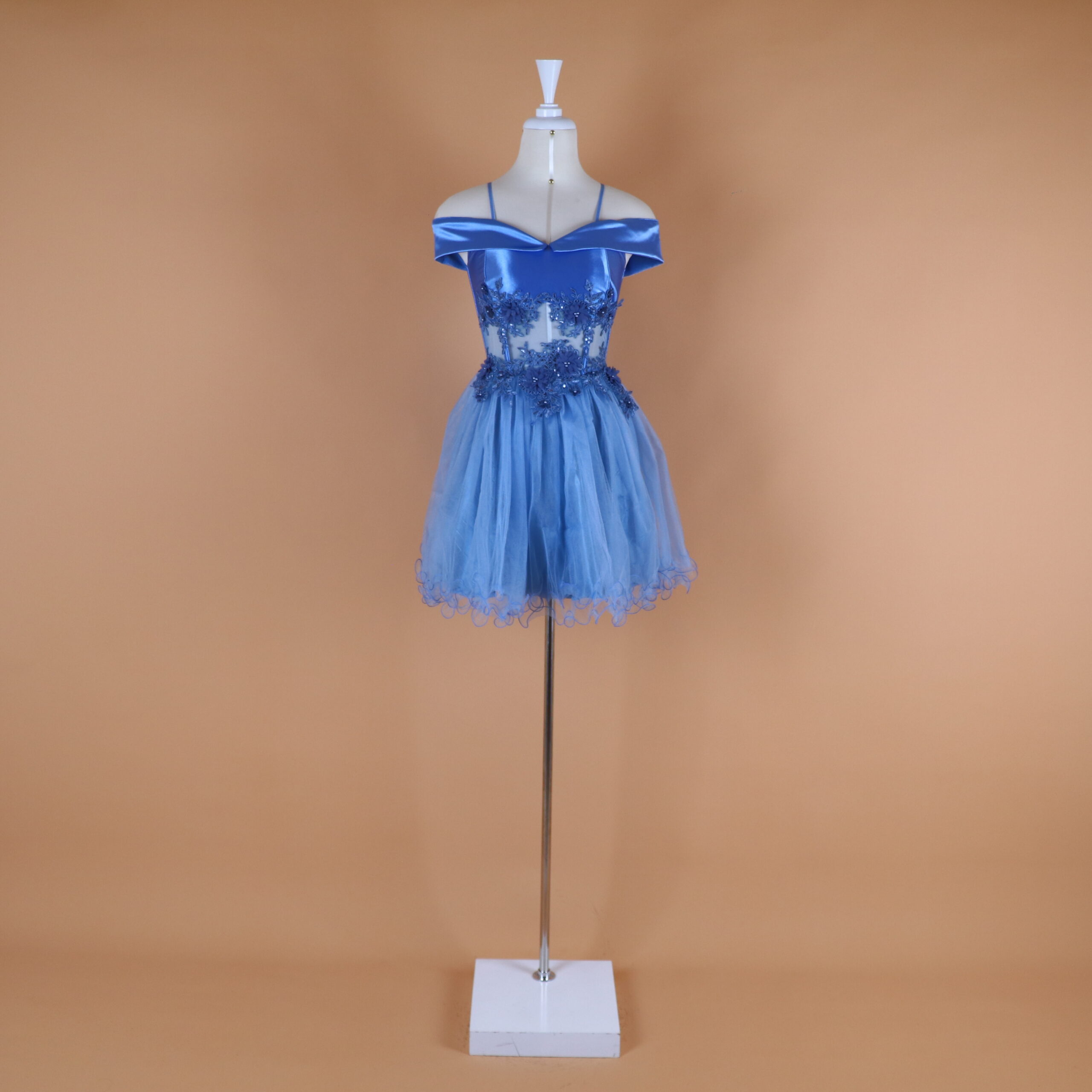 vestido tela versace tul y encajes 3d color azul acero - Malena