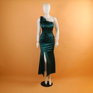 Vestido hombro con moño y lazo color verde botella - Lizel