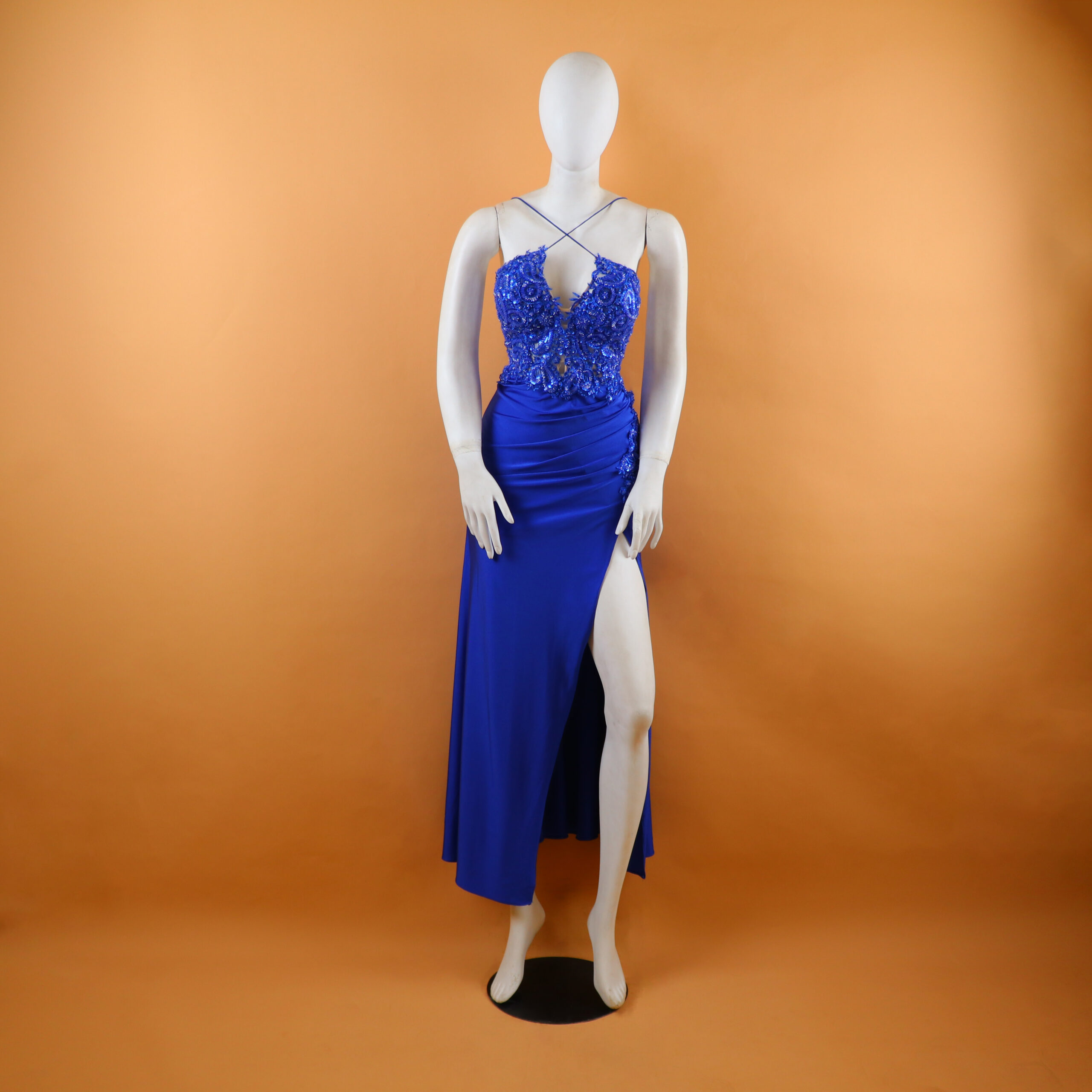 vestido tela saten seda cintura drapeada color azul electrico - Fanny