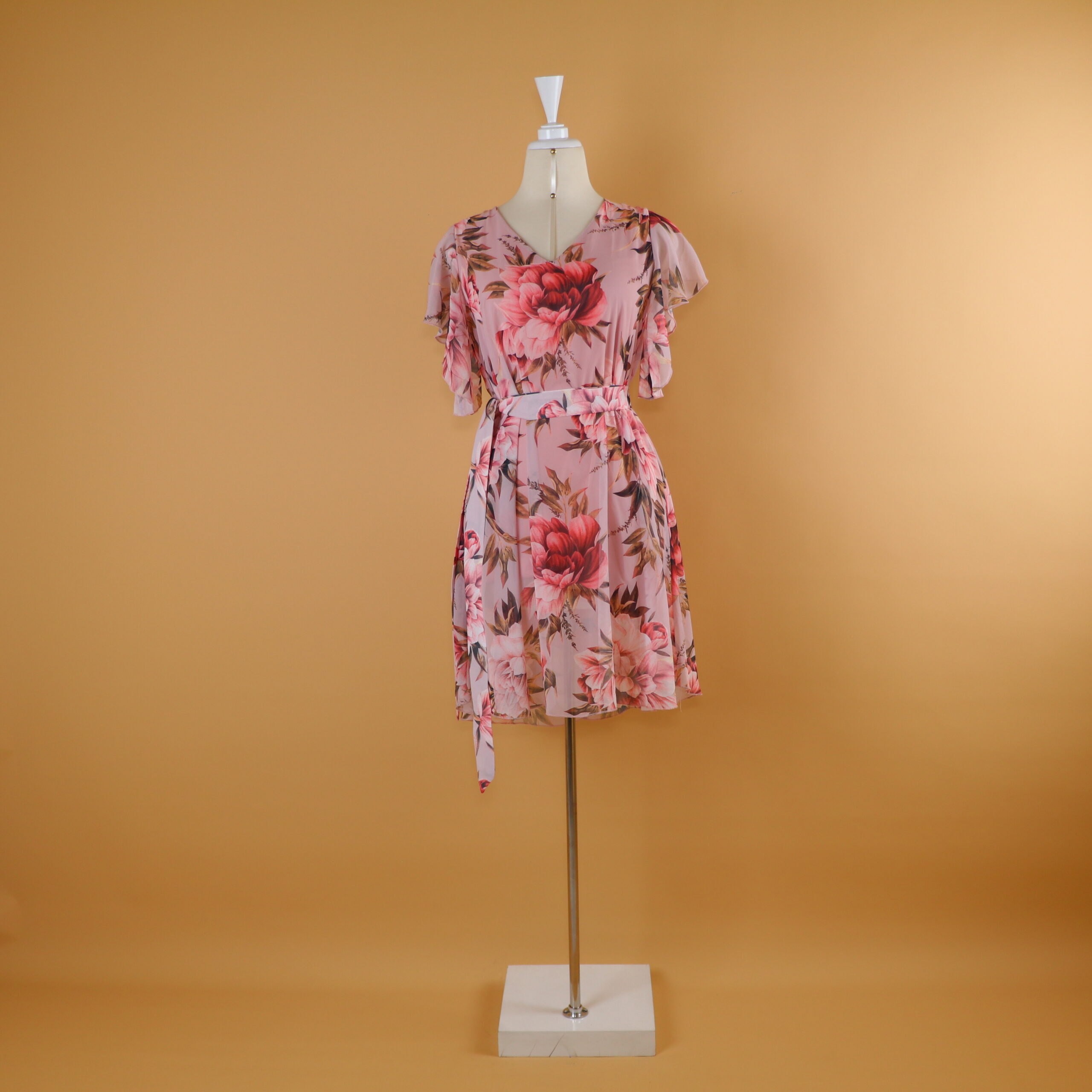 vestido tela gasa estampada escote v mangas caidas corte angel color palo rosa - Lucía