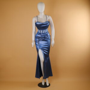 Vestido tela saten busto drapeado color azul acero - Esmeralda