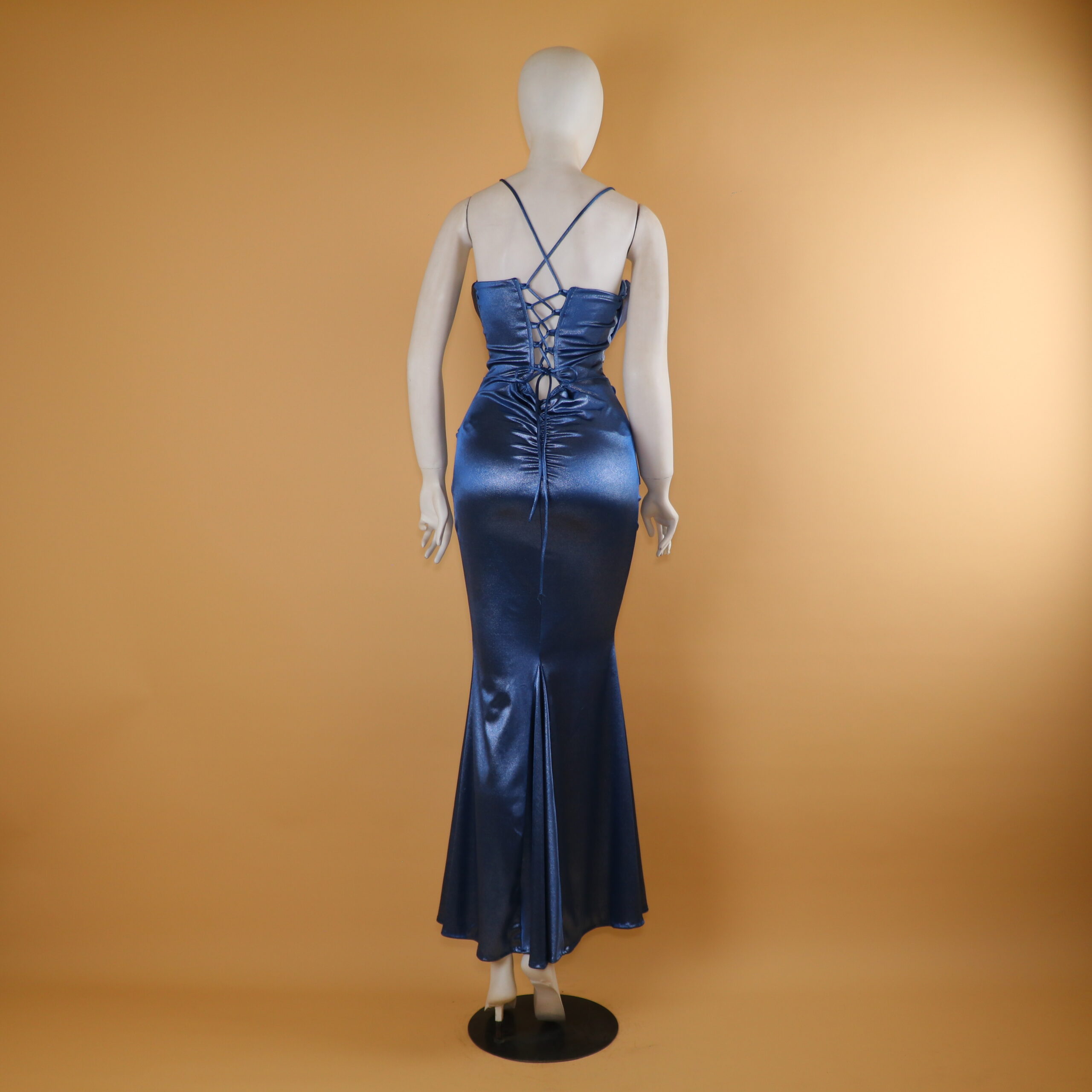 Vestido tela saten corset posterior color azul acero - Esmeralda