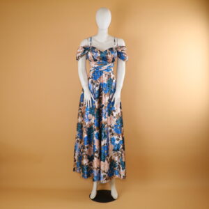 vestido seda estampada mangas caidas color nude y azul floreado - Elsa