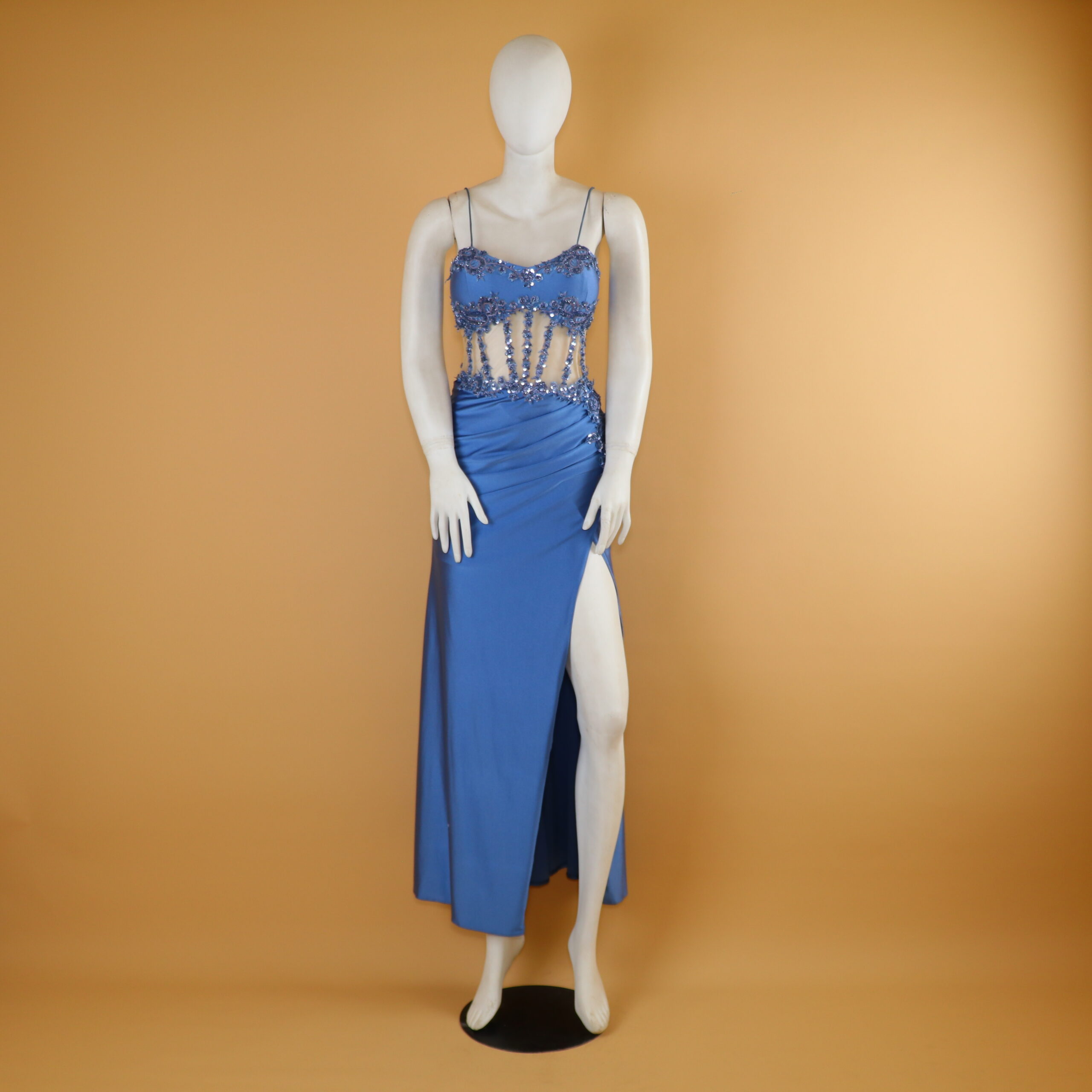 vestido tela saten seda corte sirena color azul acero - Ashly