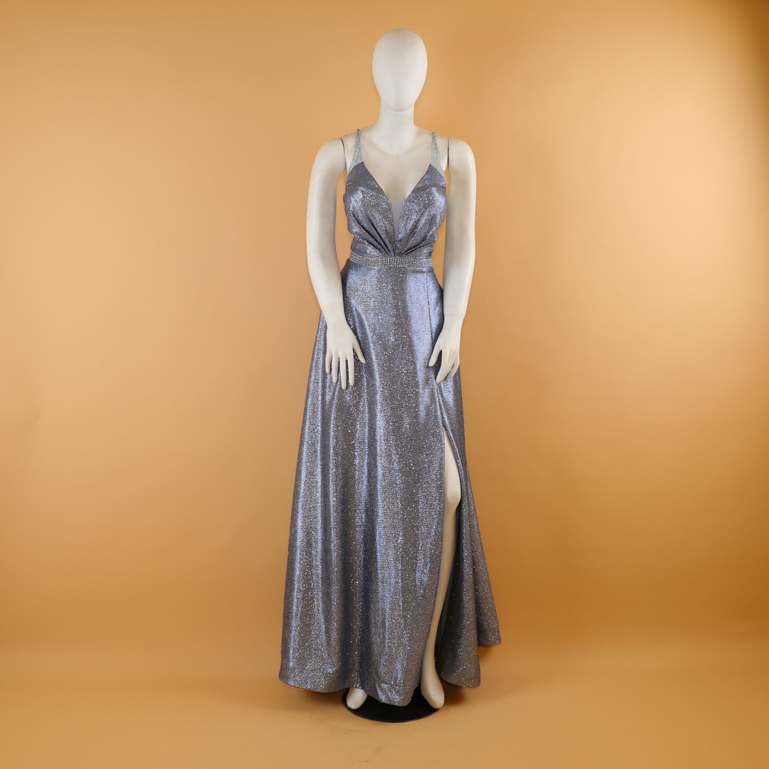 Vestido tela brillo tornasol corte sirena color azul acero - Miluska