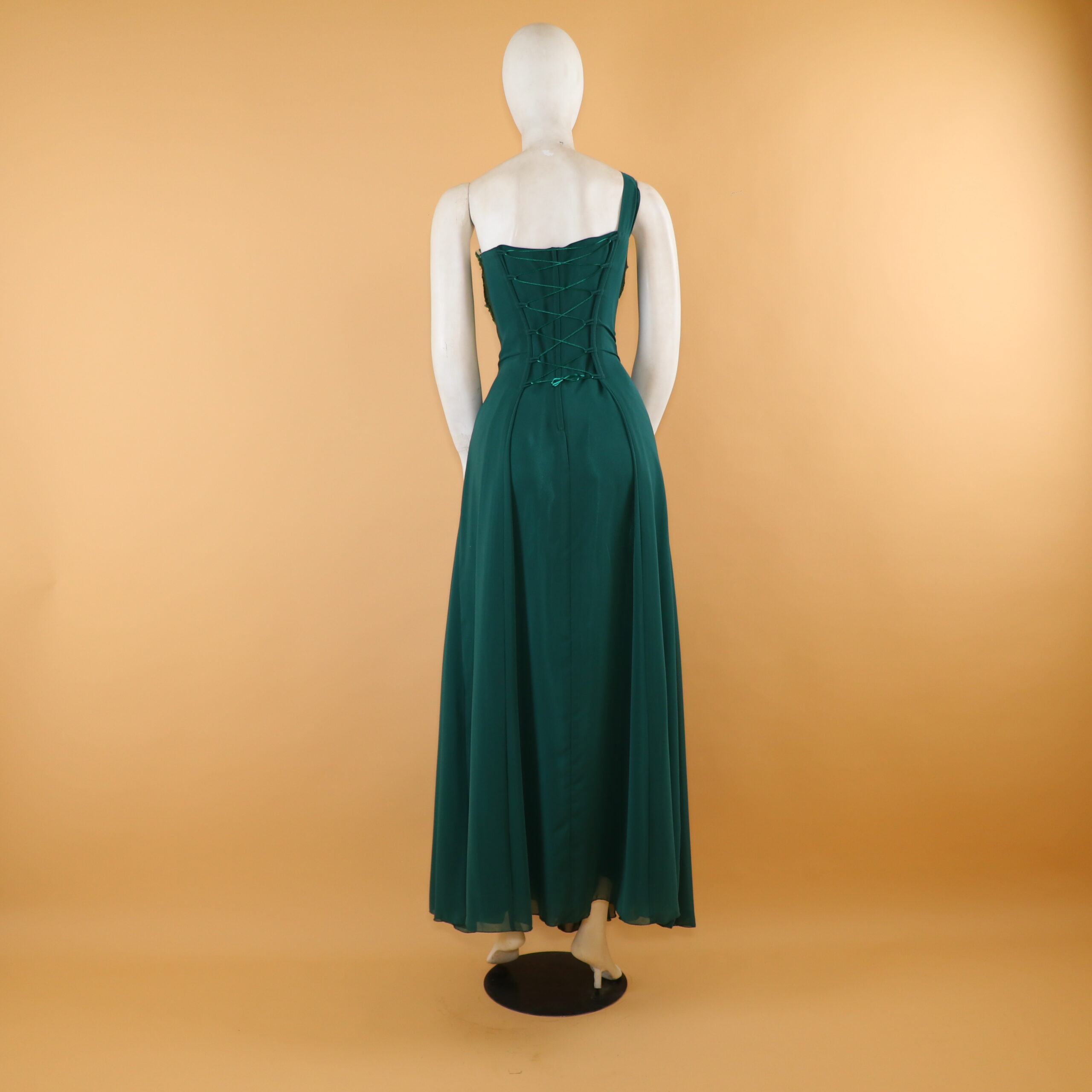 vestido tela gasa americana con cierre y corset color verde botella - Rocio