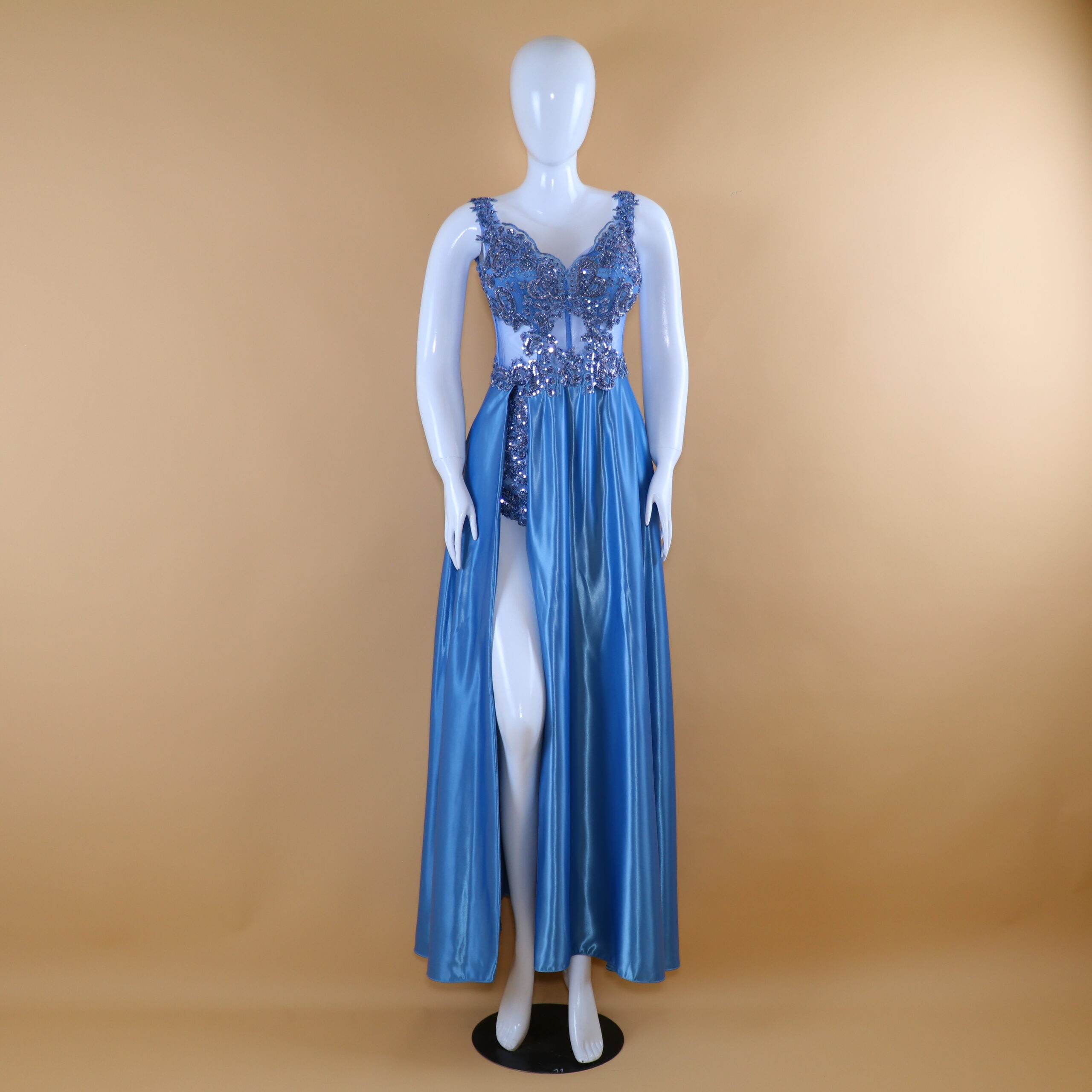 vestido tela gasa cintura drapeada color azul acero - Andrea