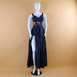 vestido tela gasa cintura drapeada color azul noche - Andrea