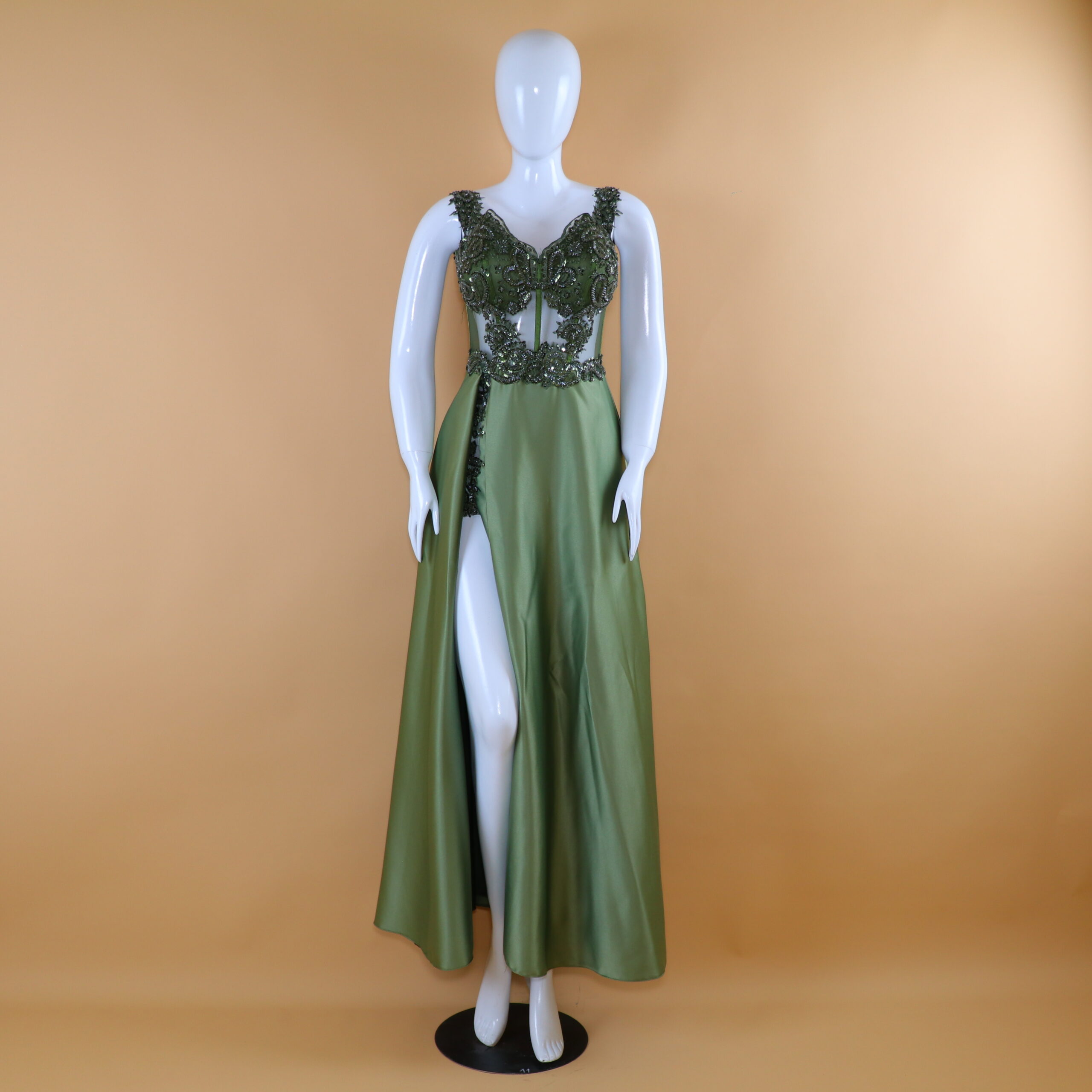 vestido tela gasa cintura drapeada color verde olivo - Andrea