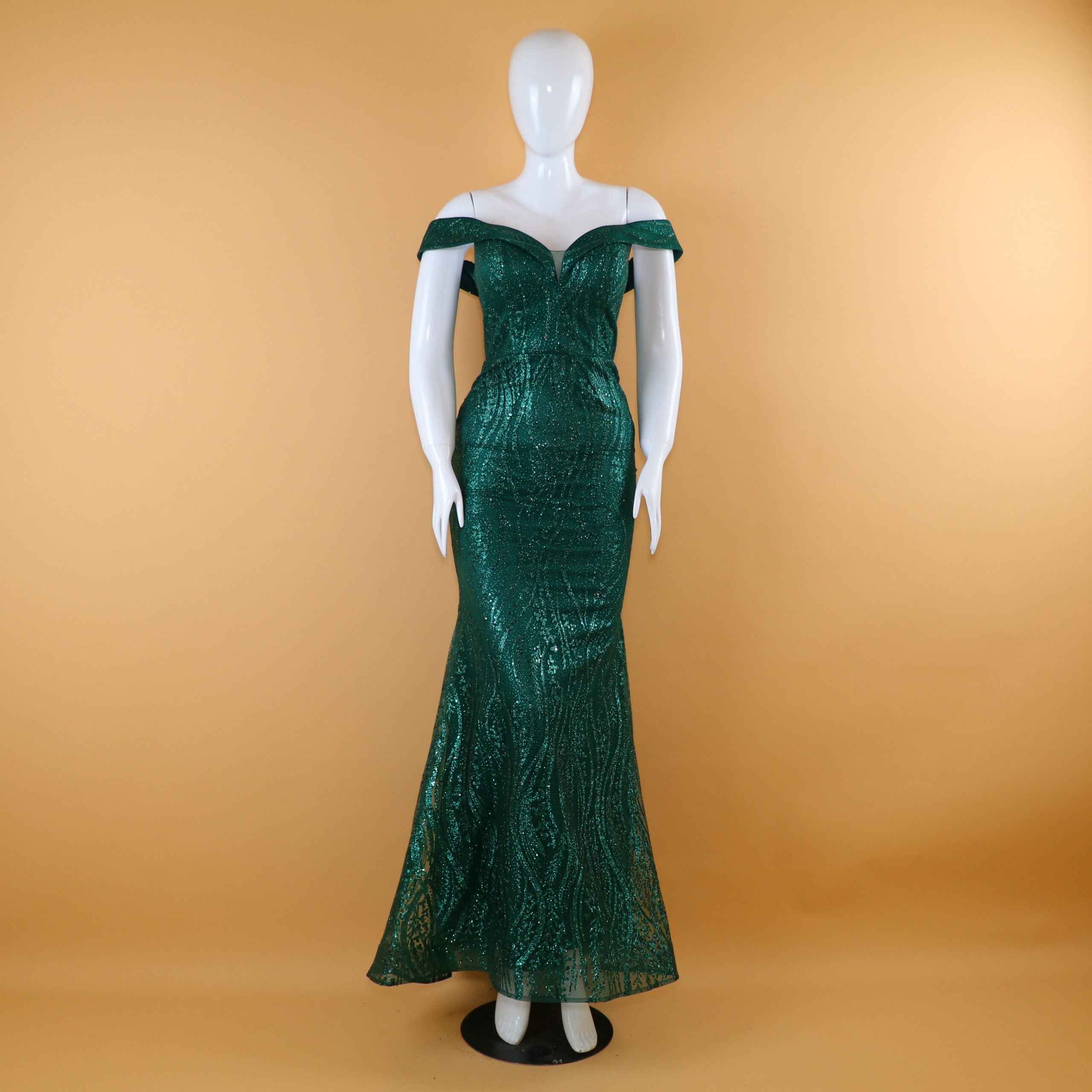 vestido tela glitter laminada mangas caidas color verde botella - Mikela