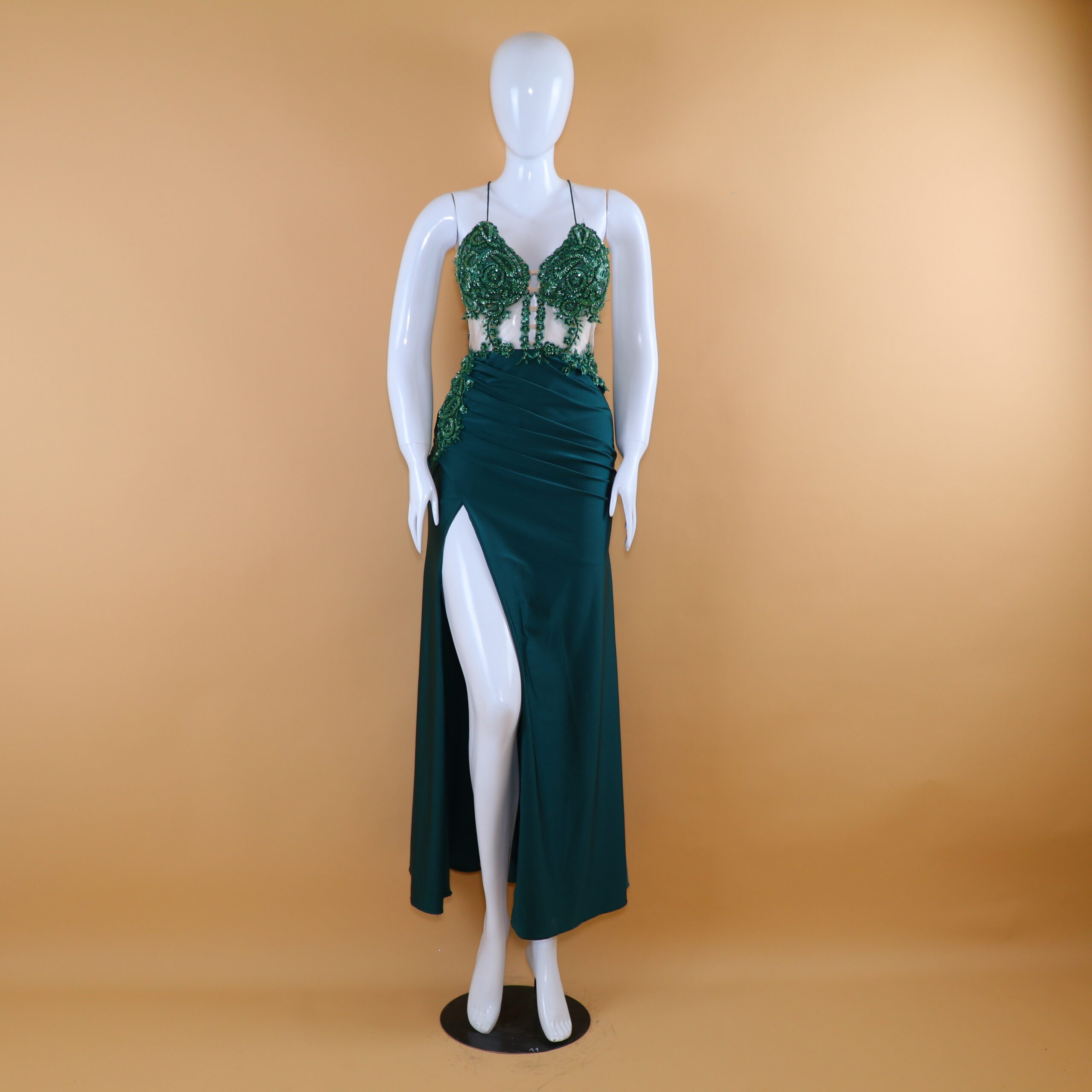 vestido tela saten seda cintura drapeada color verde botella - Fanny